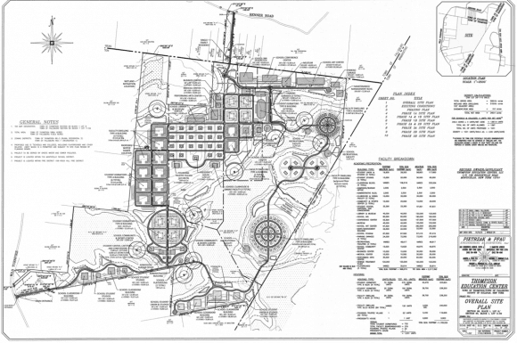 A rendering of the site plan for the Thompson Education Center in the towns of Thompson and Fallsburg in upstate New York. The dotted areas show the outline of the Harlen Swamp Wetland Complex, a New York State protected wetland. (By Pietrzak & Pfau Engineering and Surveying as submitted to the Town of Thompson Planning Board)