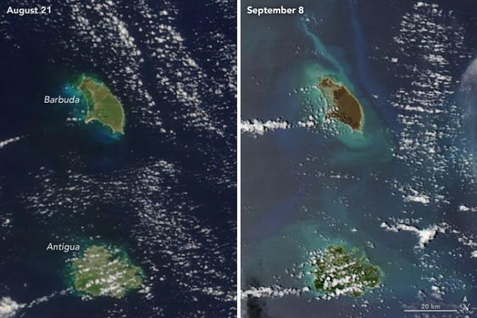 While Barbuda (top) was ravaged by Hurricane Irma, Antigua was spared the brunt of the storm and left wet, but much less severely damaged. (NASA via the MODIS spectroradiometer on the Terra and Aqua satellites)