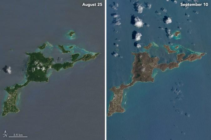 A closeup of Virgin Gorda reveals the same dramatic change before and after Hurricane Irma. (NASA via Landsat 8 satellite)