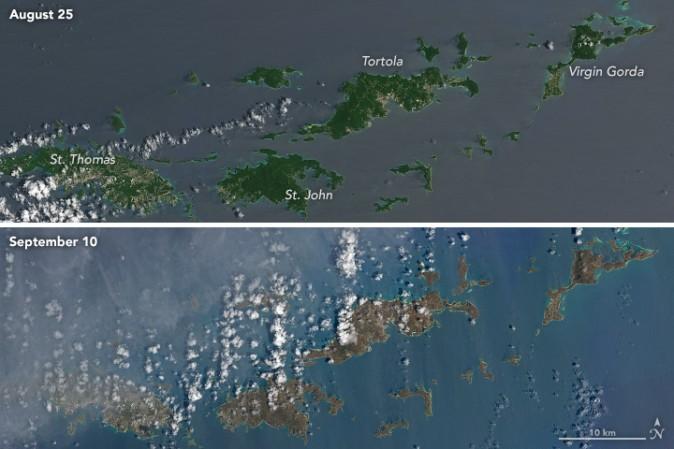 The top photo, taken Aug. 25, captures the vibrant green landscape of several U.S. and British Virgin Islands. The bottom photo, taken Sept. 10, reveals a dramatic change in color after Irma. The difference in ocean color is due to waves, said NASA. (NASA via Landsat 8 satellite)