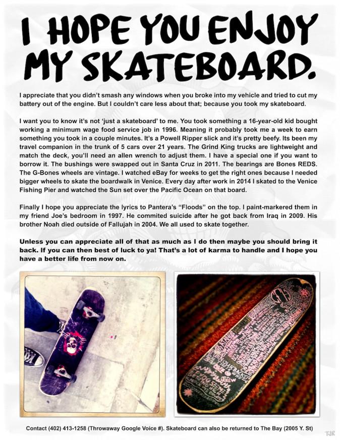 A note to the thief of a skateboard. (Courtesy of TakenFloods)