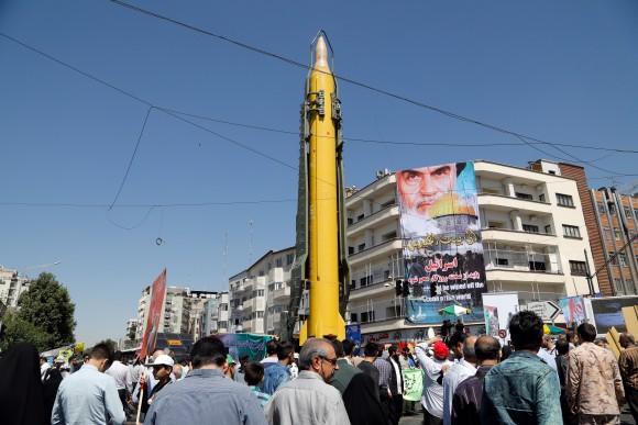 A Shahab-3 medium-range missile is displayed during a rally marking Al-Quds (Jerusalem) Day in Tehran, Iran, on June 23. Chants against the Saudi royal family and the ISIS terrorist group mingled with the traditional cries of "Death to Israel" and Death to America." (STRINGER/AFP/Getty Images)