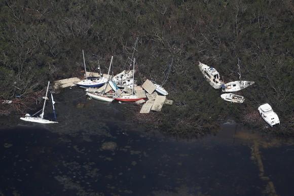 Boats are pictured washed ashore in an aerial photo in the Keys in Marathon, Florida, September 13, 2017. (REUTERS/Carlo Allegri)