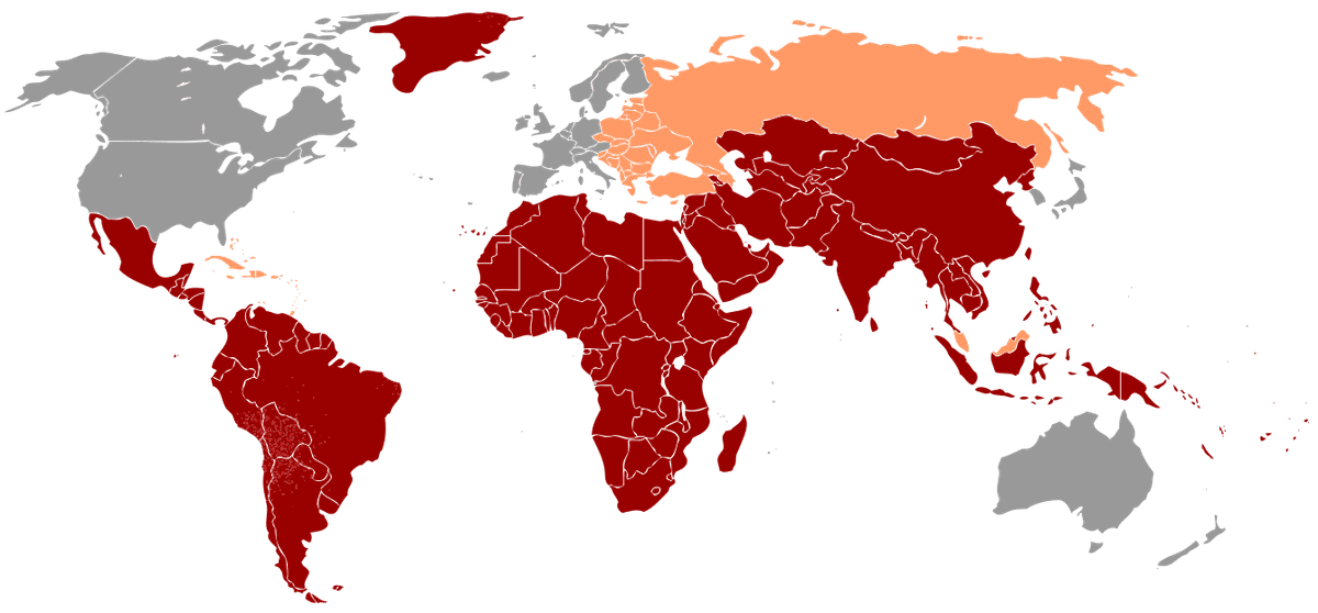 Geographic distribution of Hepatitis A prevalence -- Red: High : prevalence higher than 8%; orange: Intermediate : between 2% and 7%; grey: Low : less than 2% (Wikipedia)