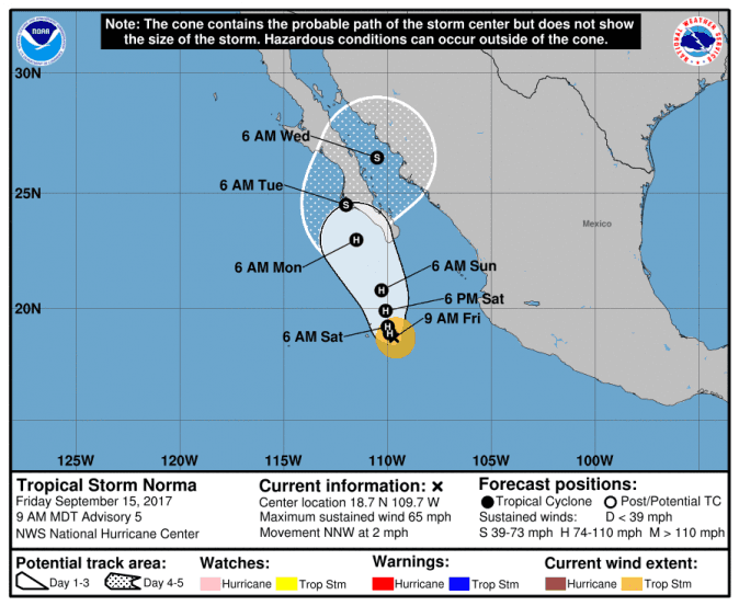 Tropical Storm Norma could strengthen to become a hurricane before hitting southern Baja California peninsula next week, it was forecast Thursday (NHC / NOAA)