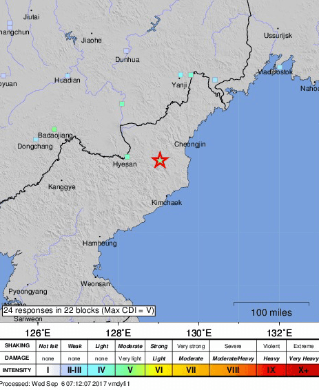 A map showing the Sept. 3, 2017 earthquake recorded in North Korea that was caused by a nuclear bomb test. (Screenshot via USGS)