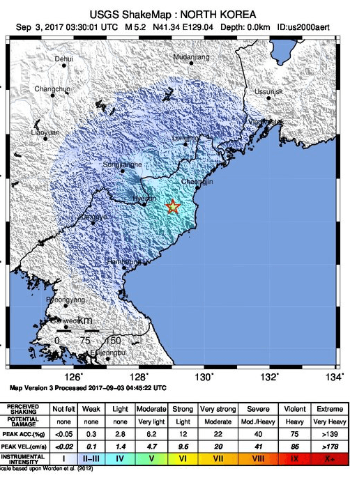 A map showing the Sept. 3, 2017, range of an earthquake recorded in North Korea near the border with China that was caused by a nuclear bomb test. (Screenshot via USGS)