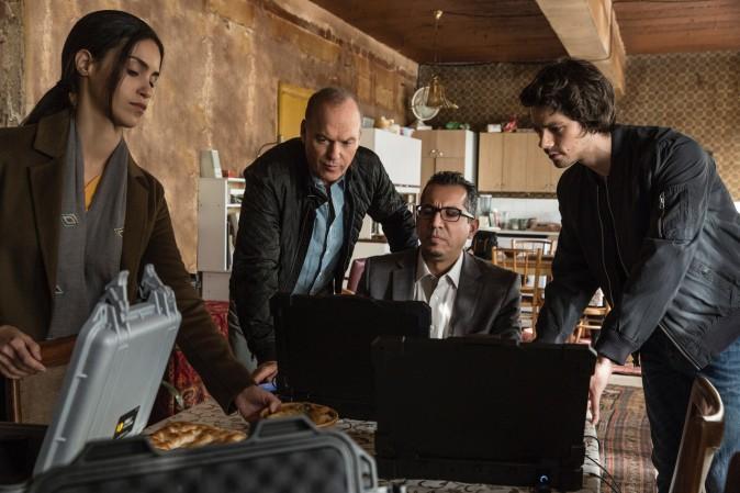 (L–R) Shiva Negar, Michael Keaton, Neg Adamson, and Dylan O'Brien in "American Assassin." (CBS Films/Lionsgate/Christian Black)