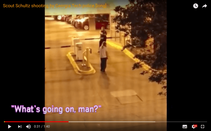 Scout Schultz repeatedly walks towards police officers with a knife as they ask him to drop it, fatally shooting him a minute later. (Screenshot via Youtube)