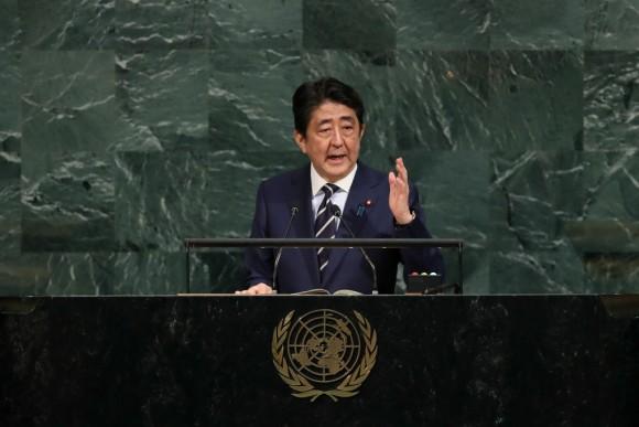Shinzo Abe, prime minister of Japan, addresses the United Nations General Assembly at U.N. headquarters, Sept. 20, 2017, in New York City. (Drew Angerer/Getty Images)