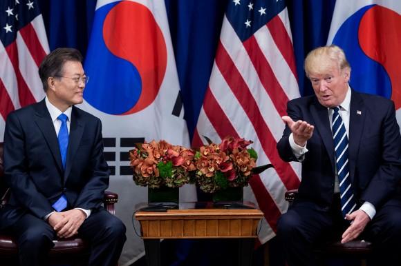 President Donald Trump and South Korea's President Moon Jae-in at the Palace Hotel in New York on Sept. 21, 2017. (BRENDAN SMIALOWSKI/AFP/Getty Images)