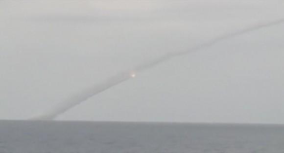 A still image taken from video footage and released by Russia's Defense Ministry on Sept. 22, 2017, shows a Russian submarine firing cruise missiles in the Mediterranean Sea at Jabhat al-Nusra targets. (Russian Defense Ministry/Handout via Reuters TV)