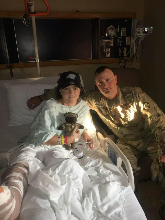 Brandy Guin with Sgt. Cory Hinkle in Carolinas HealthCare System hospital in Shelby, N.C., on Sept. 19, 2017. (Courtesy of Cory Hinkle)