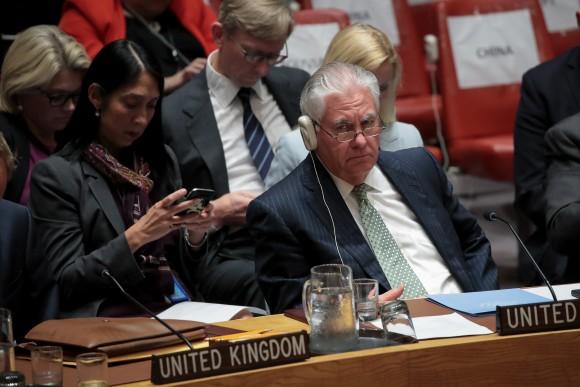 Secretary of State Rex Tillerson listens during a UN Security Council meeting concerning nuclear non-proliferation at the UN headquarters in New York on Sept. 21, 2017. (Drew Angerer/Getty Images)