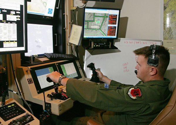 United States Air Force Senior Airman William Swain operates a sensor control station for an MQ-9 Reaper during a training mission Aug. 8, 2007, at Creech Air Force Base in Indian Springs, Nev. (Ethan Miller/Getty Images)