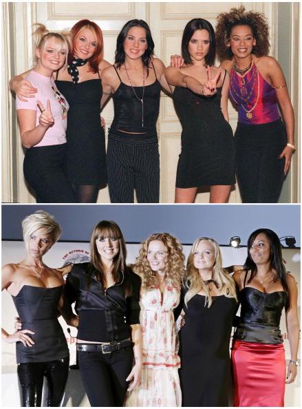 This combo of two pictures taken 16 December 1997 in Paris (top) and 28 June 2007 in London shows Spice Girl members (From L, bottom picture) Victoria Beckham, Mel C, Geri Halliwell, Emma Bunton and Mel B. (Desk/AFP/Getty Images)