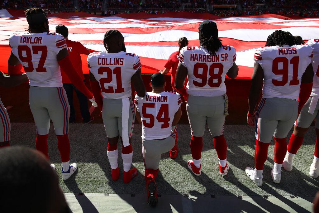 Olivier Vernon #54 of the New York Giants kneels during the national anthem prior to their NFL game against the San Francisco 49ers at Levi's Stadium on Nov. 12, 2017 in Santa Clara, California. (Ezra Shaw/Getty Images)