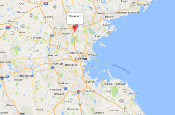 A map of Boston and surrounding area with Stoneham indicated with a red pin. (Screenshot GoogleMaps)