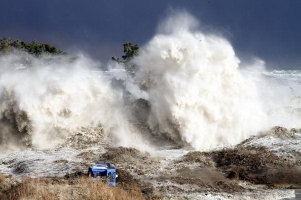 Tsunami waves hitting the coast of Minamisoma in Fukushima prefecture, Japan on March 21, 2011. (Sadatsugu Tomizawa/AFP/Getty Images)