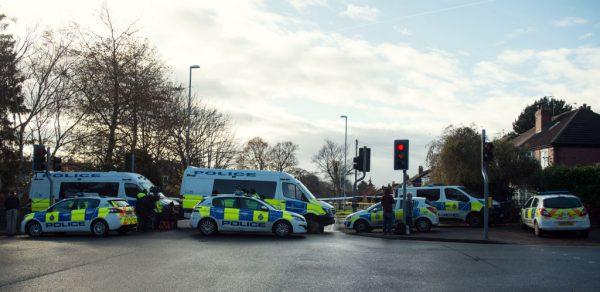 Police cars are parked at the site of a car crash in Stonegate Road, in Leeds, northern England on Nov. 25, 2017. (Oli Scarff/AFP/Getty Images)