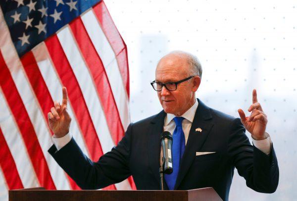 United States ambassador to the Court of St James Woody Johnson speaks during a press preview at the new United States embassy building near the River Thames in London, Britain December 13, 2017. (Reuters/Alastair Grant/Pool)