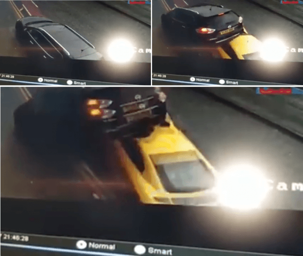 Caught on camera: a yellow Audi R8 rams the parked, black station wagon, which is launched into the air. (YouTube / OM PROD)