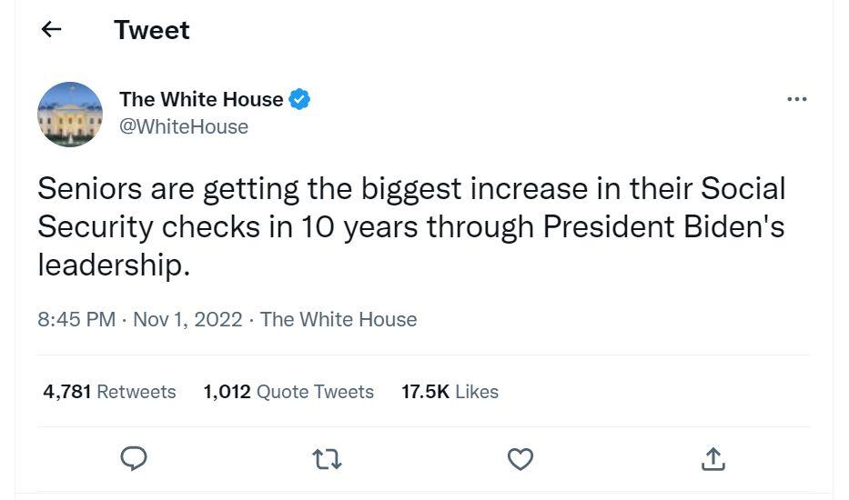 The White House deleted a Twitter post about Social Security on Nov. 2., 2022, after Twitter added context. (Twitter screenshot via The Epoch Times)