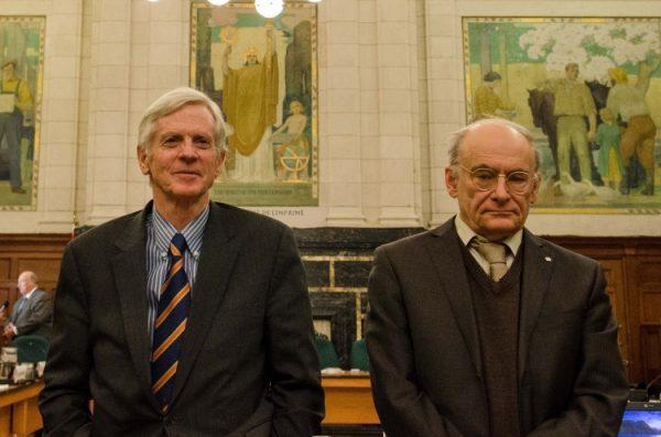Former Canadian MP David Kilgour (L) and international human rights lawyer David Matas testified on their seven-year investigation into illegal organ harvesting in China at the human rights subcommittee of the Canadian Parliament on Feb. 5, 2013. (Matthew Little/The Epoch Times)