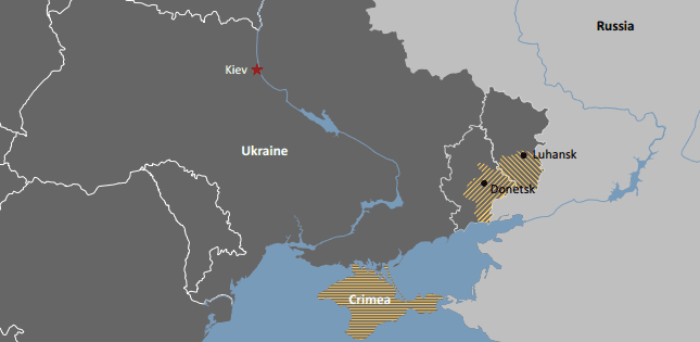 Map showing the parts of Ukraine controlled by Russia and pro-Russian separatists. Crimea is annexed by Russia and the southeastern parts of the Donetsk and Luhansk regions are controlled by pro-Russian separatists. (DDIS Intelligence Risk Assessment)