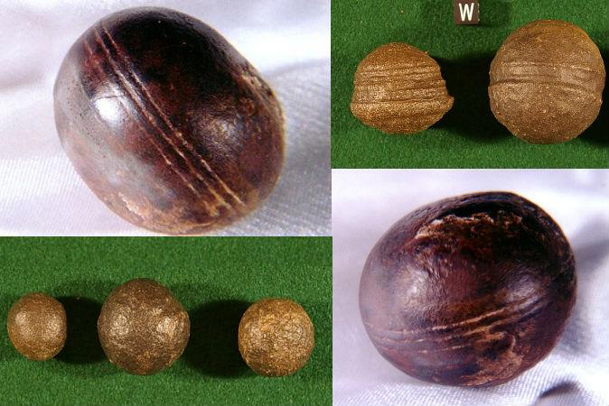 Top left, bottom right: Spheres, known as Klerksdorp spheres, found in the pyrophyllite (wonderstone) deposits near Ottosdal, South Africa. (Robert Huggett) Top right, bottom left: Similar objects known as Moqui marbles from the Navajo Sandstone of southeast Utah. (Paul Heinrich)