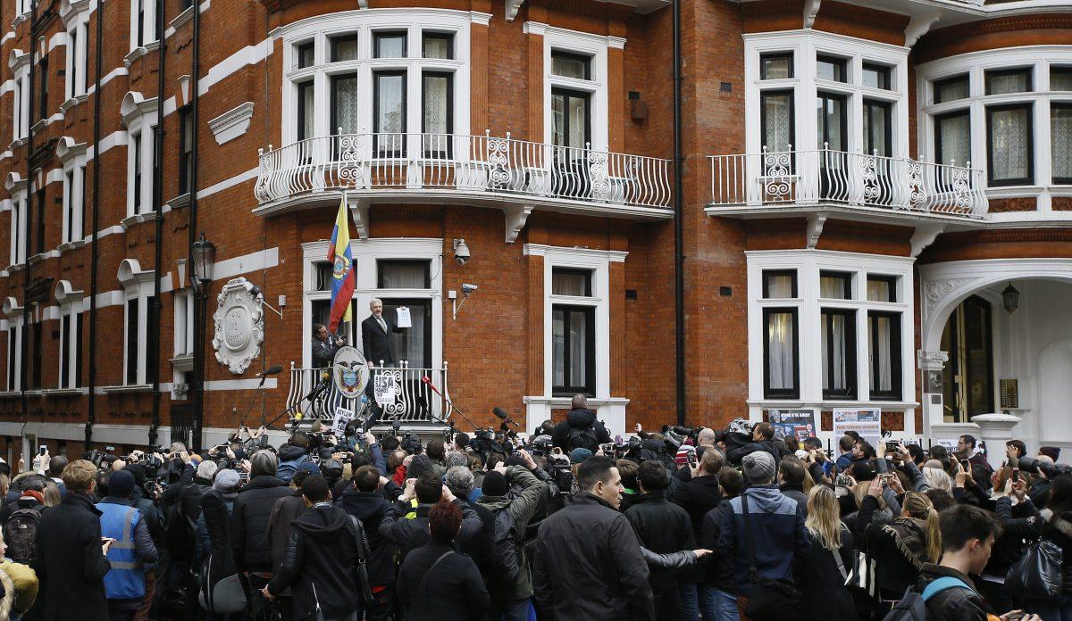 Wikileaks founder Julian Assange speaks on the balcony of the Ecuadorean Embassy in London on Feb. 5, 2016. (Kirsty Wigglesworth/AP Photo)