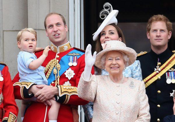 (L to R) Prince George of Cambridge; Prince William, Duke of Cambridge; Catherine, Duchess of Cambridge; Queen Elizabeth II; and Prince Harry look out on the balcony of Buckingham Palace in London on June 13, 2015. (Chris Jackson/Getty Images)