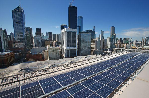 Solar panels on the rooftop at AGL's Docklands office in Melbourne, Australia, on Aug. 20, 2015. (Scott Barbour/Getty Images)