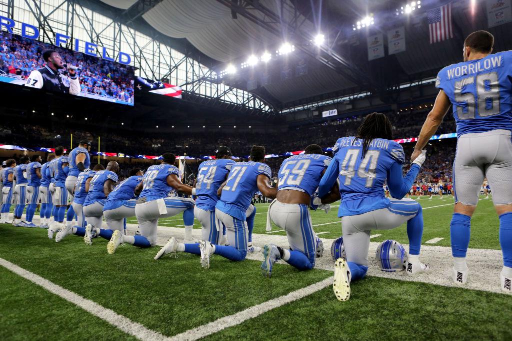 Members of the Detroit Lions take a knee during the playing of the national anthem prior to the start of the game against the Atlanta Falcons at Ford Field on Sept. 24, 2017 in Detroit, Mich. (Rey Del Rio/Getty Images)