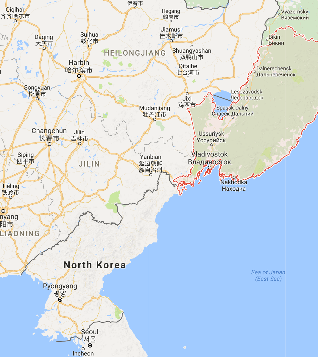 Primorsky Krai, highlighted in red, is Russia's southeastern most territory, extending all the way to the North Korean border. (Screenshot via Google Maps)