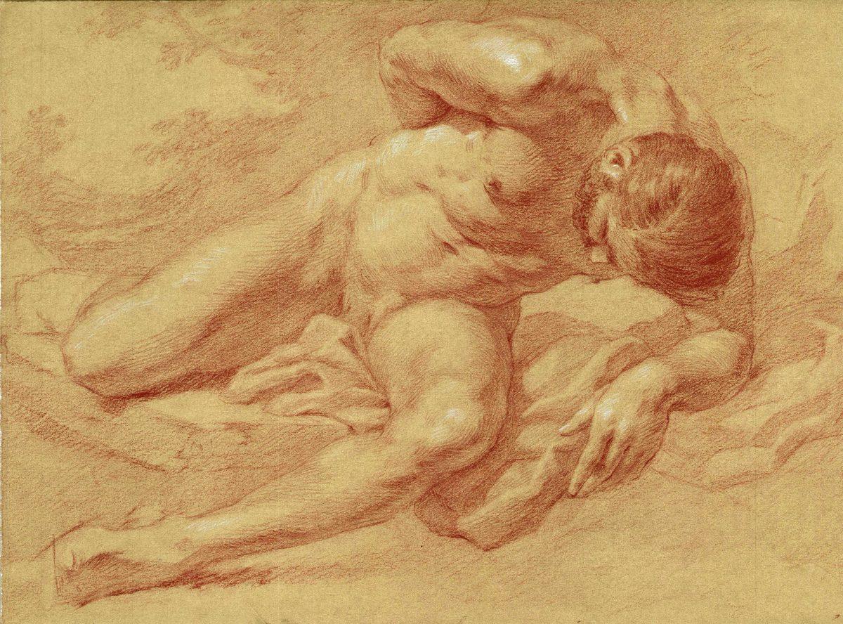 "Nude in Attitude of Defeat," 2018, by Anthony Baus (b. 1981). Red chalk on paper, 16 inches by 12 inches. (Robert Simon Fine Art)