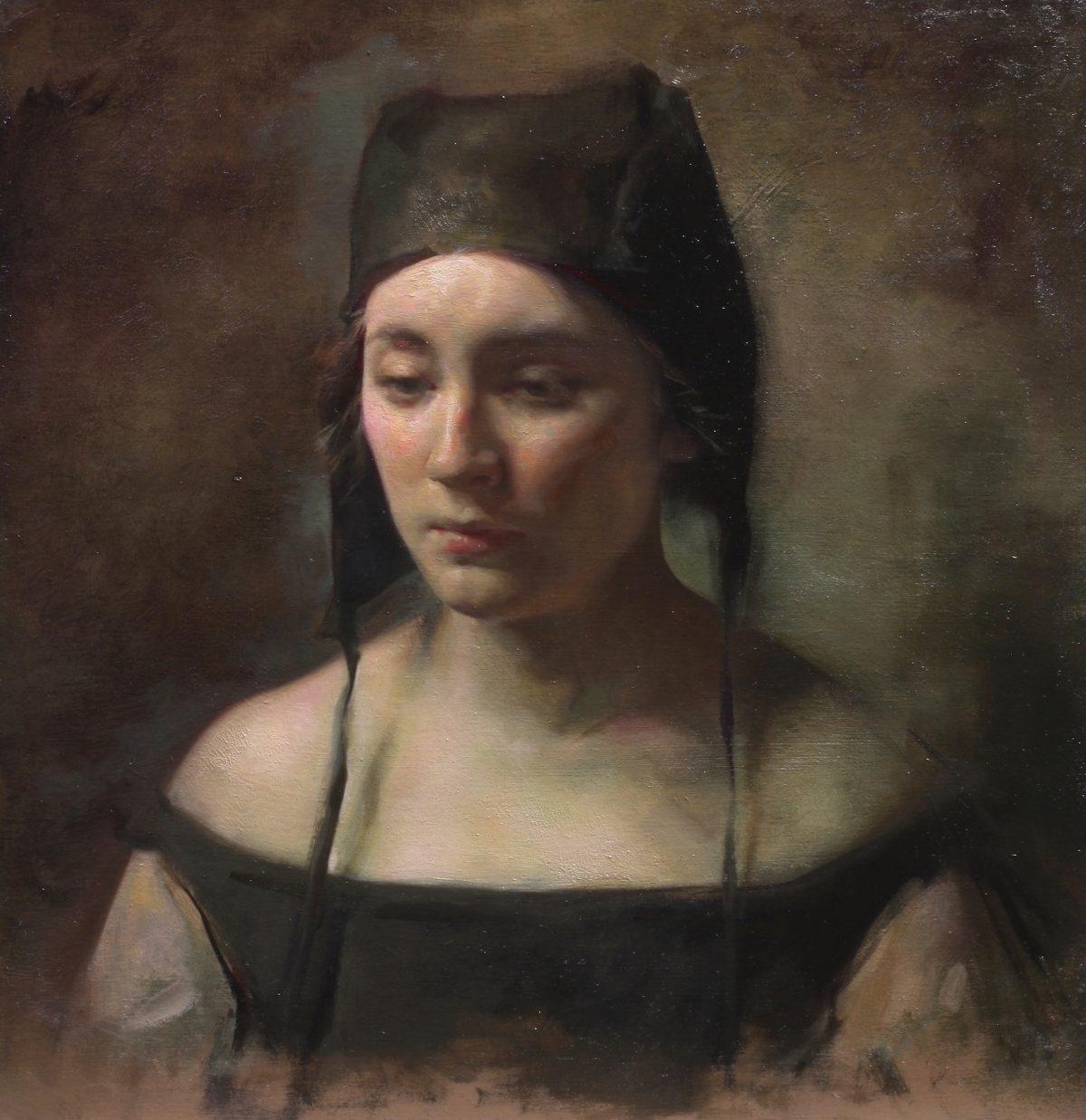 "Black Hat," 2018, by Colleen Barry (b. 1981). Oil on wood panel, 12 inches by 12 inches. (Robert Simon Fine Art)