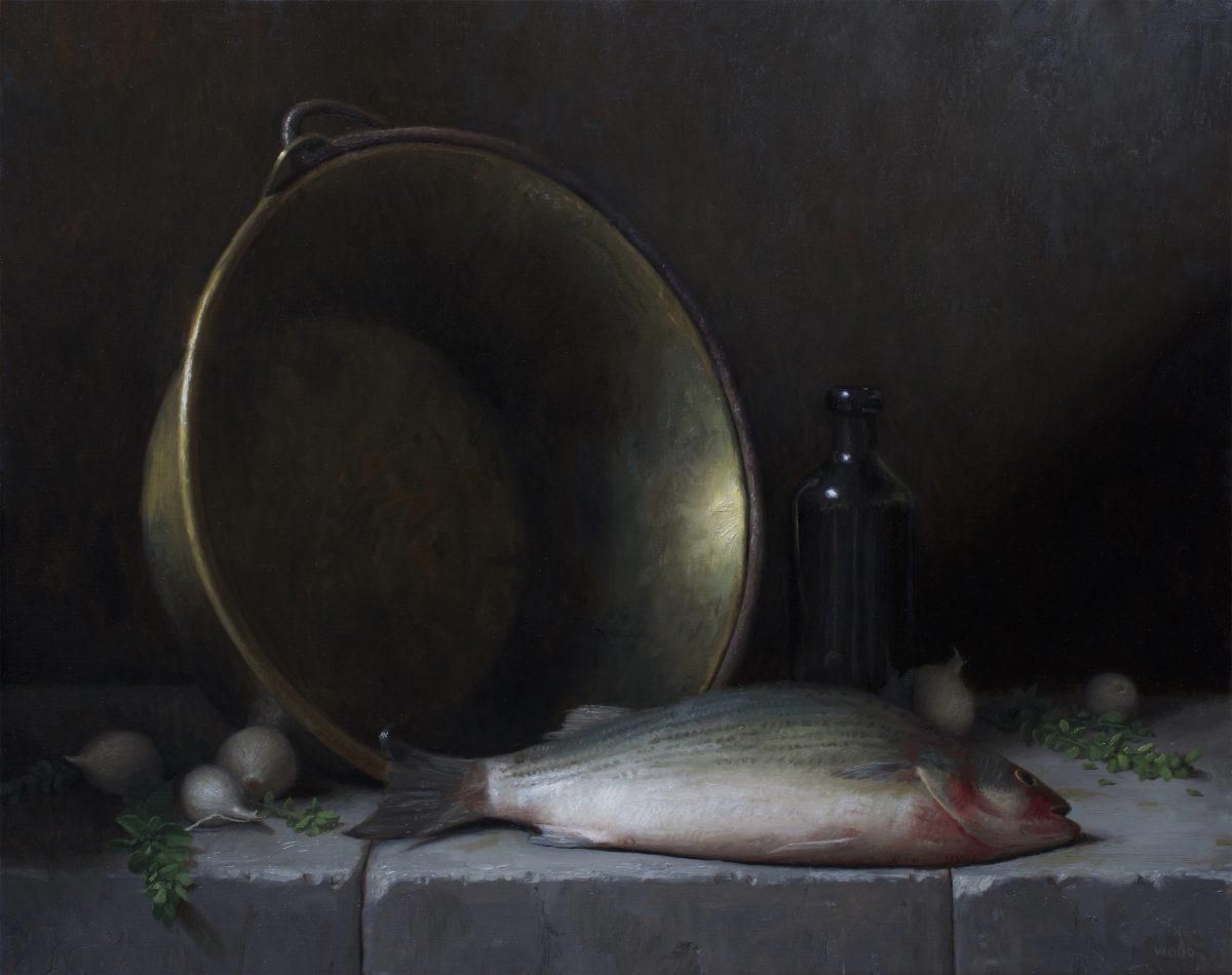"Sea Bass," 2018, by Justin Wood (b. 1982). Oil on linen, 19 inches by 24 inches. (Robert Simon Fine Art)