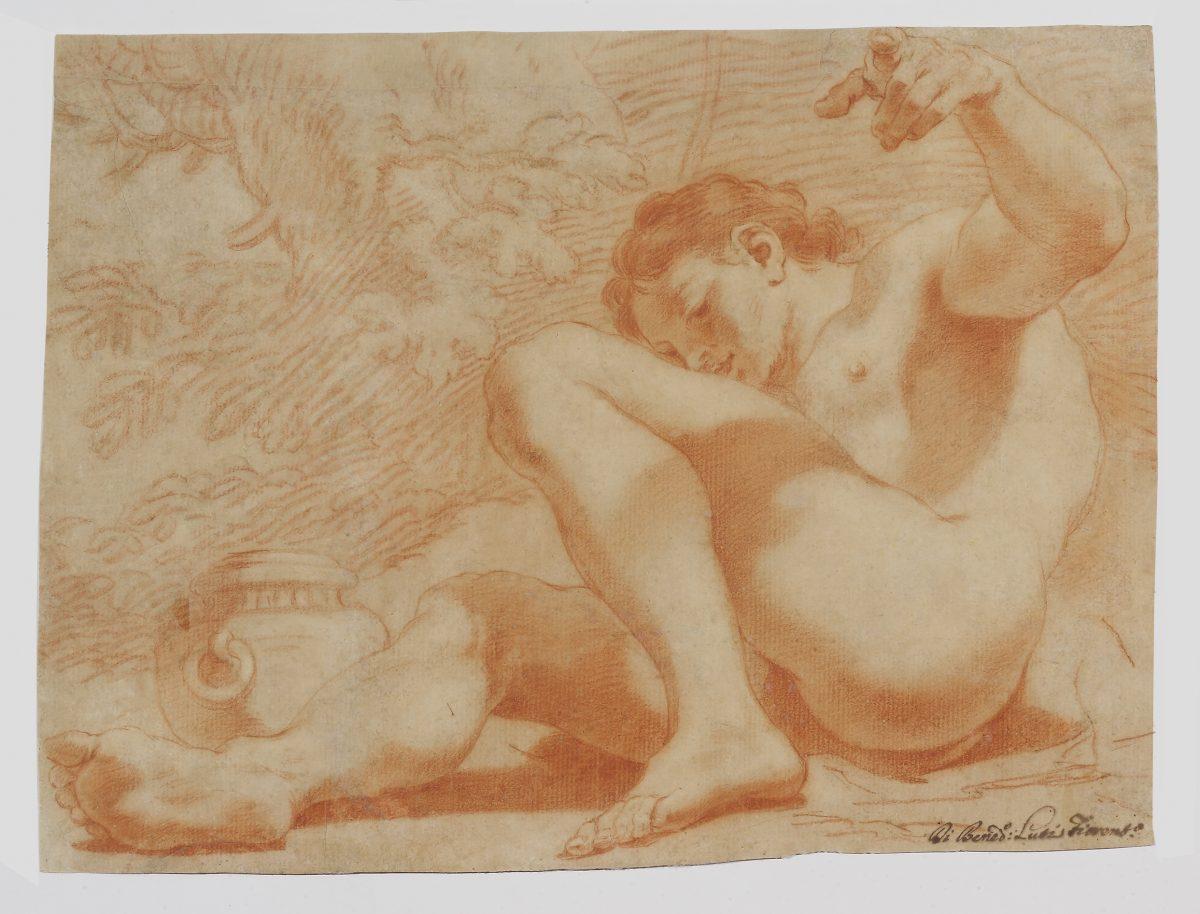"Young Man Reclining" by Benedetto Luti (b. 1666). Red chalk on paper, 10 inches by 14 1/2 inches. (Robert Simon Fine Art)