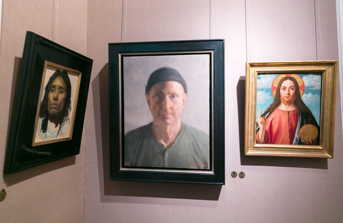 "David" (C)  by Jacob Collins (b. 1964), "Christ Blessing" (R) by Vittore Carpaccio (b. circa 1465–70), and "Tenzin" by Dale Zinkowski (b. 1975) in the Robert Simon Fine Art gallery on May 10, 2018. (Milene Fernandez/The Epoch Times)