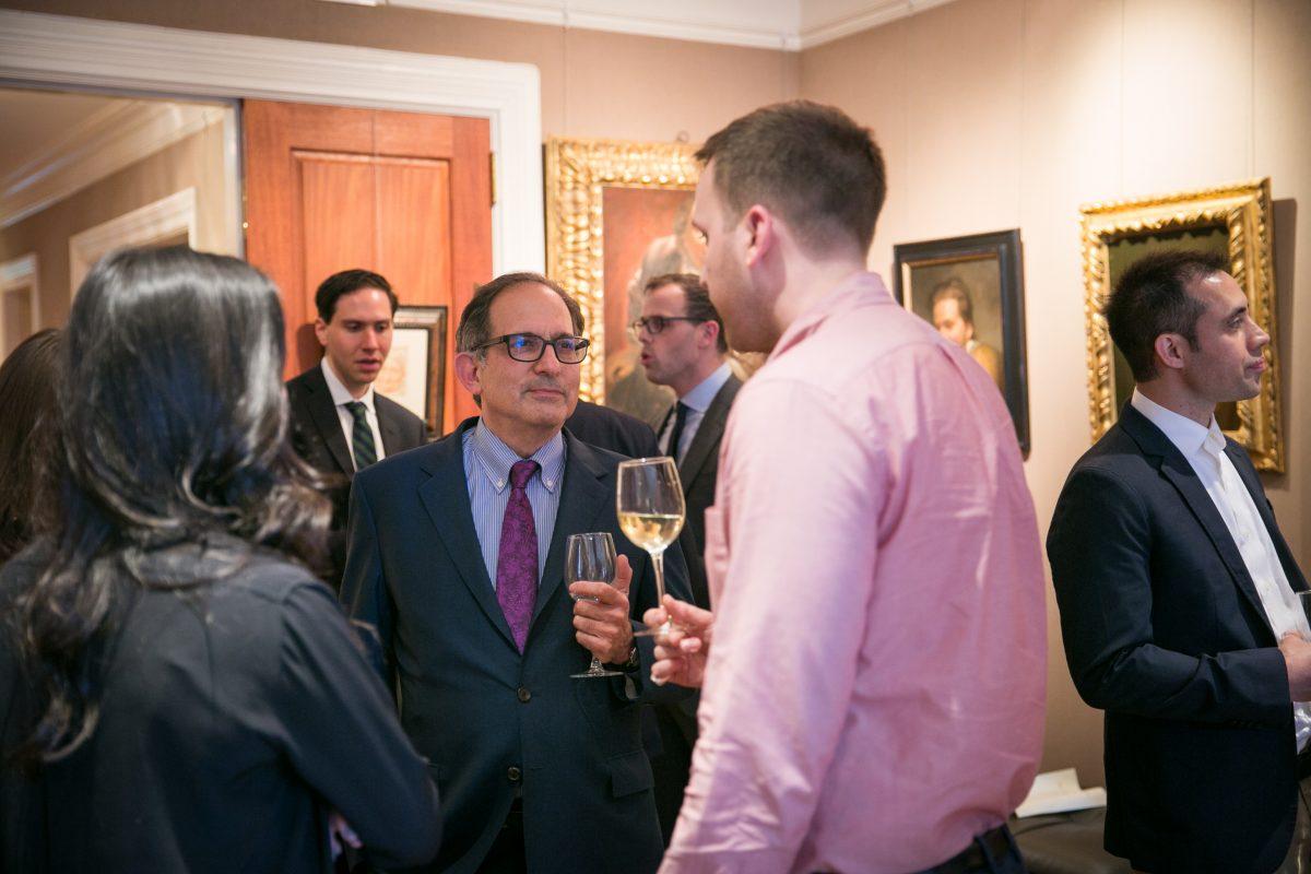 Art historian and art dealer Robert Simon (C) opens the exhibition "The Unbroken Line: Old and New Masters" at his gallery, Robert Simon Fine Art, in New York on May 10, 2018. (Milene Fernandez/The Epoch Times)