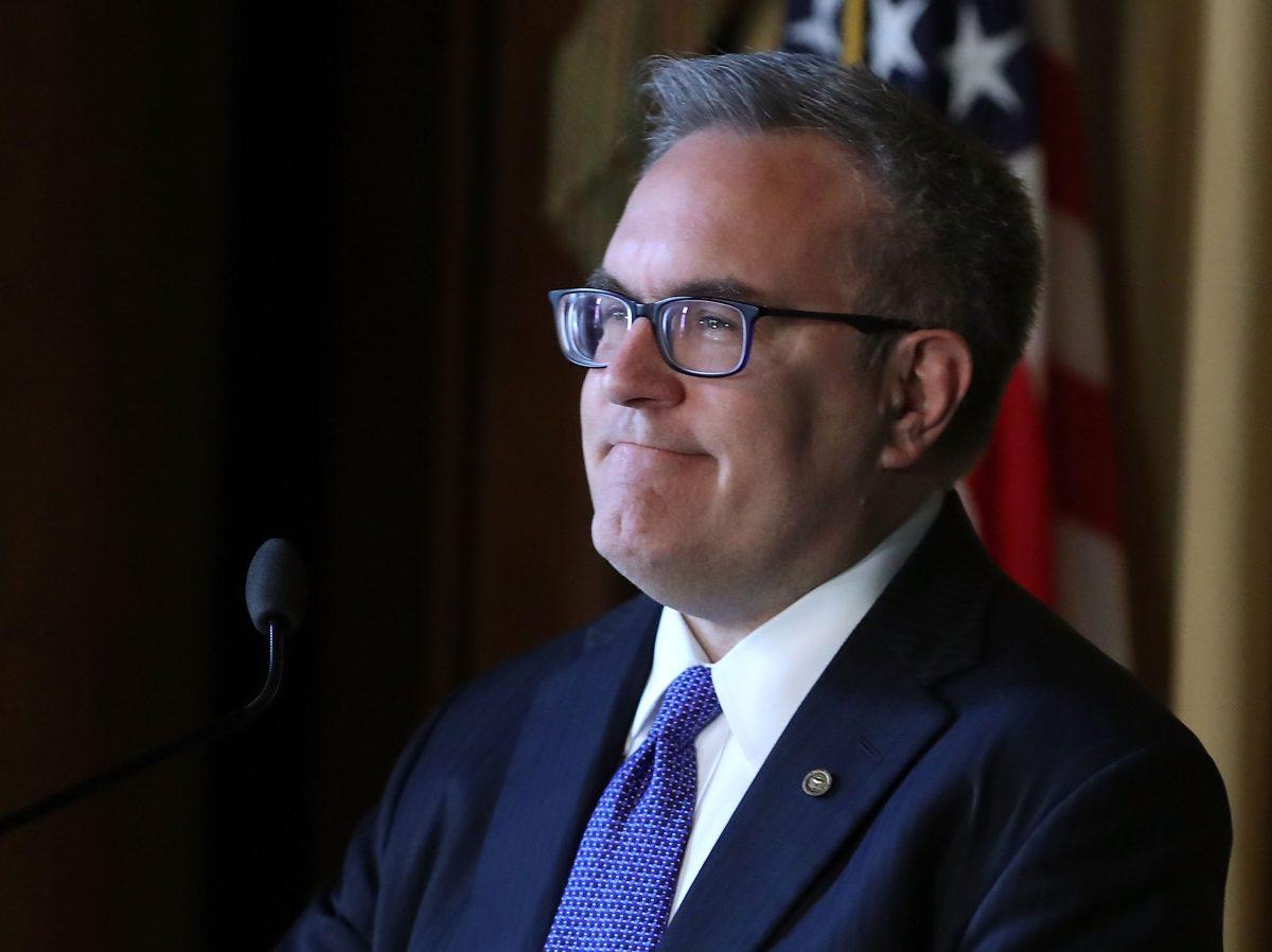 Acting EPA Administrator Andrew Wheeler speaks to staff at the Environmental Protection Agency headquarters in Washington on July 11, 2018. (Mark Wilson/Getty Images)