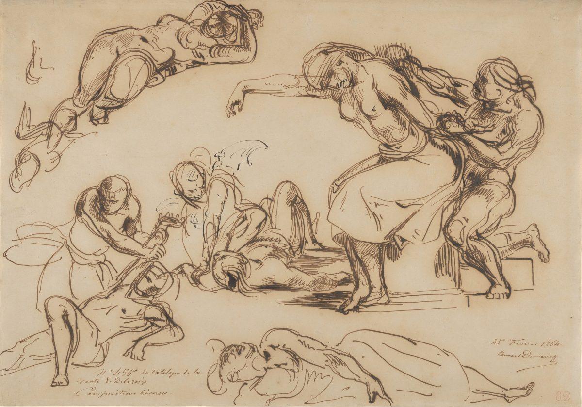 "Figure Studies for the Salon du Roi, Palais Bourbon," 1833–35, by Eugène Delacroix (1798–1863). Pen and iron gall ink, 10 3/4 inches by 15 3/8 inches. The Metropolitan Museum of Art, a gift from the Karen B. Cohen Collection of Eugène Delacroix, in honor of E. John Rosenwald Jr., 2013. (The Metropolitan Museum of Art)