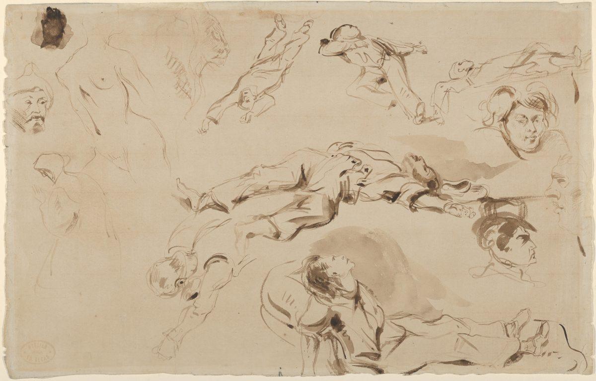 "Figure Studies, related to "Liberty Leading the People," 1830, by Eugène Delacroix (1798–1863). Pen and brown ink, brush and brown wash, 8 7/16 inches by 13 7/16 inches. The Metropolitan Museum of Art, New York, a gift from the Karen B. Cohen Collection of Eugène Delacroix, in honor ofKeith Christiansen, 2013. (The Metropolitan Museum of Art)