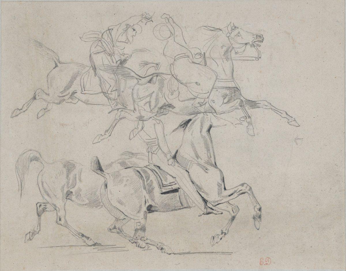 "Four Studies of Horses (recto), Four Studies of Galloping Horses and Riders (verso); 1824–1825, by Eugène Delacroix (1798–1863). Graphite, pen and ink, brush and black wash (recto); graphite (verso); 9 7/16 inches by 12 1/16 inches. The Metropolitan Museum of Art, New York, a promised gift from the Karen B. Cohen Collection of Eugène Delacroix, in honor of Colin B. Bailey. (The Metropolitan Museum of Art)