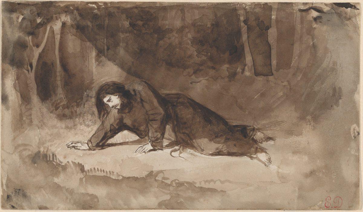 "The Agony in the Garden," circa 1849, by Eugène Delacroix (1798–1863). Brush and brown and black wash, 4 7/16 inches by 7 5/8 inches. The Metropolitan Museum of Art, New York, a promised gift from the Karen B. Cohen Collection of Eugène Delacroix. (The Metropolitan Museum of Art)