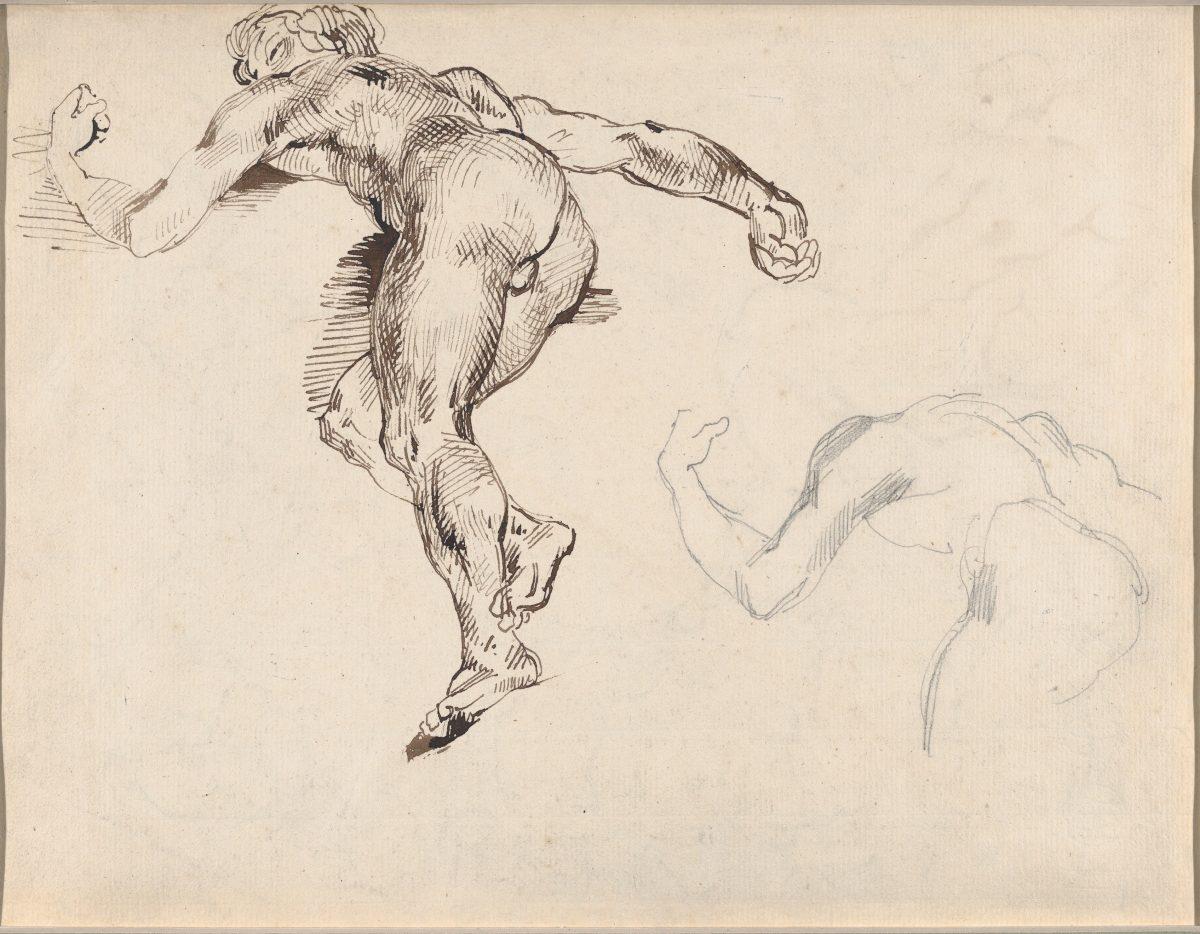 "Two Studies of a Reclining Male Nude, after Théodore Gericault" (recto); "Figure Studies after Rubens's “Fall of the Damned” (verso); circa 1820–22; by Eugène Delacroix (1798–1863). Graphite, pen and brown ink (recto); pen and brush and brown ink (verso); 10 inches by 13 1/16 inches. The Metropolitan Museum of Art, promised gift from the Karen B. Cohen Collection of Eugène Delacroix, in honor of Clement C. Moore II. (The Metropolitan Museum of Art)