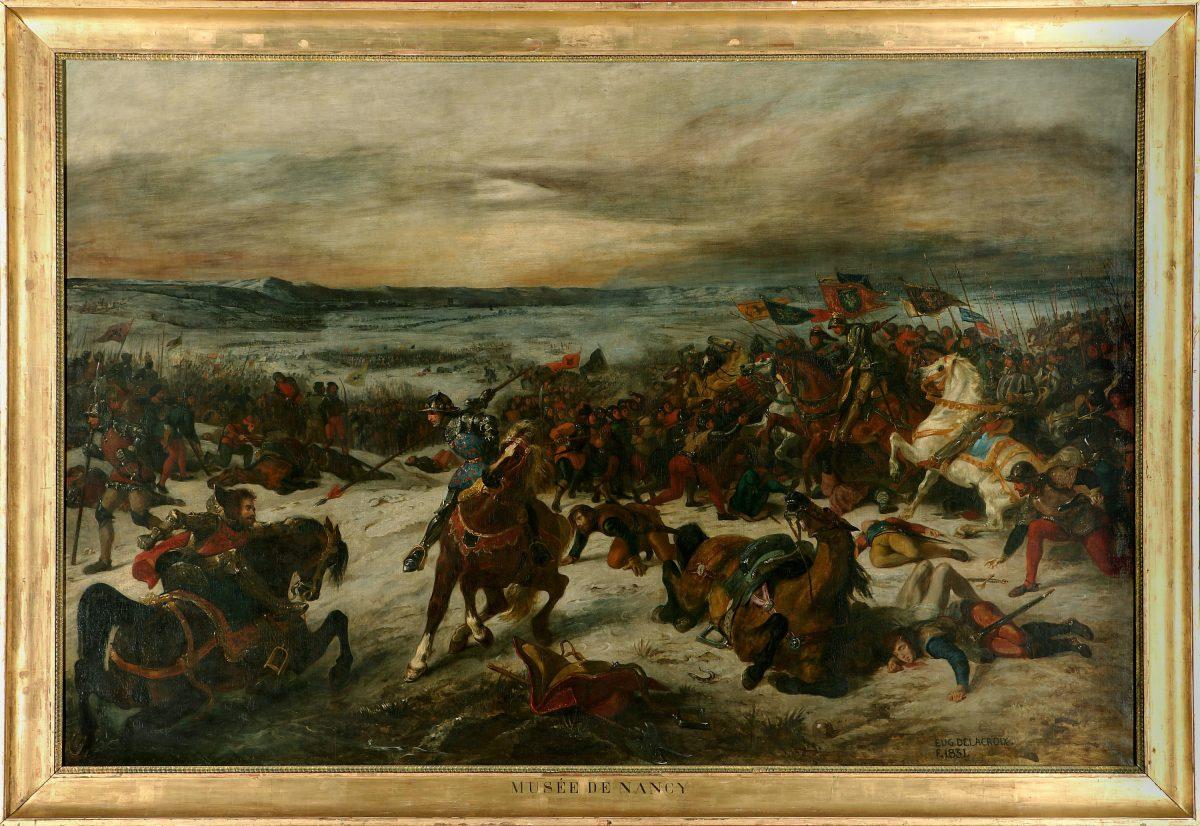 “The Battle of Nancy and the Death of Charles the Bold, Duke of Burgundy, Jan. 5, 1477,” 1831, by Eugène Delacroix. Oil on canvas, 7 feet 9 5/16 inches by 11 feet 8 3/16 inches. Musée des Beaux-Arts, Nancy. (P. Mignot)