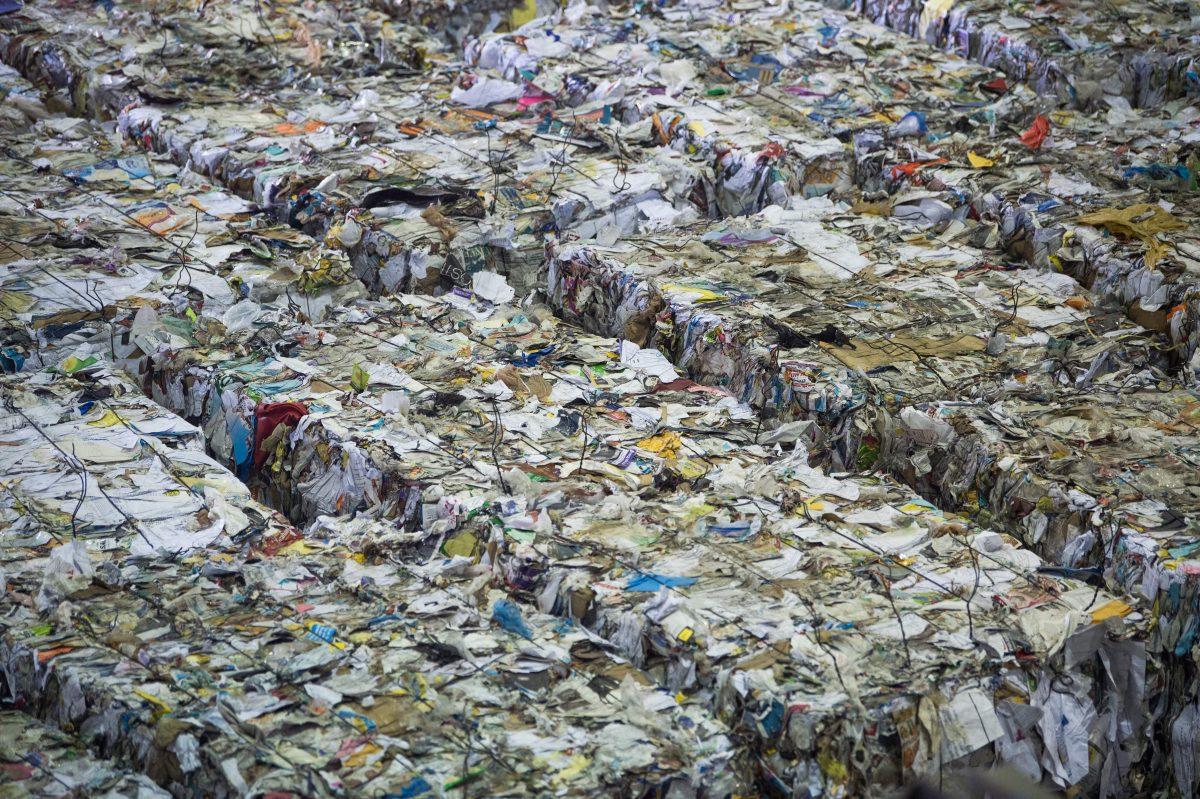 Bales of recycling material are prepared at the Waste Management Elkridge Material Recycling Facility in Elkridge, Md., on June 28, 2018. (Saul Loeb/AFP/Getty Images)