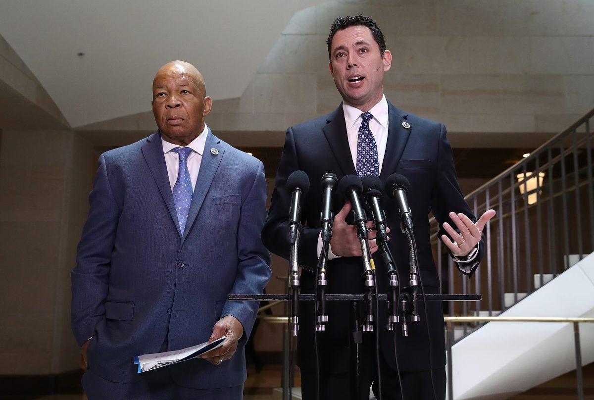 House Oversight Committee Chairman Jason Chaffetz (R-Utah) and ranking member Rep. Elijah Cummings (D-Md.) speak to reporters about Gen. Michael Flynn on April 25, 2017. (Win McNamee/Getty Images)